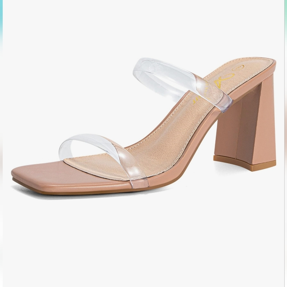 Nude slip on strap heel.